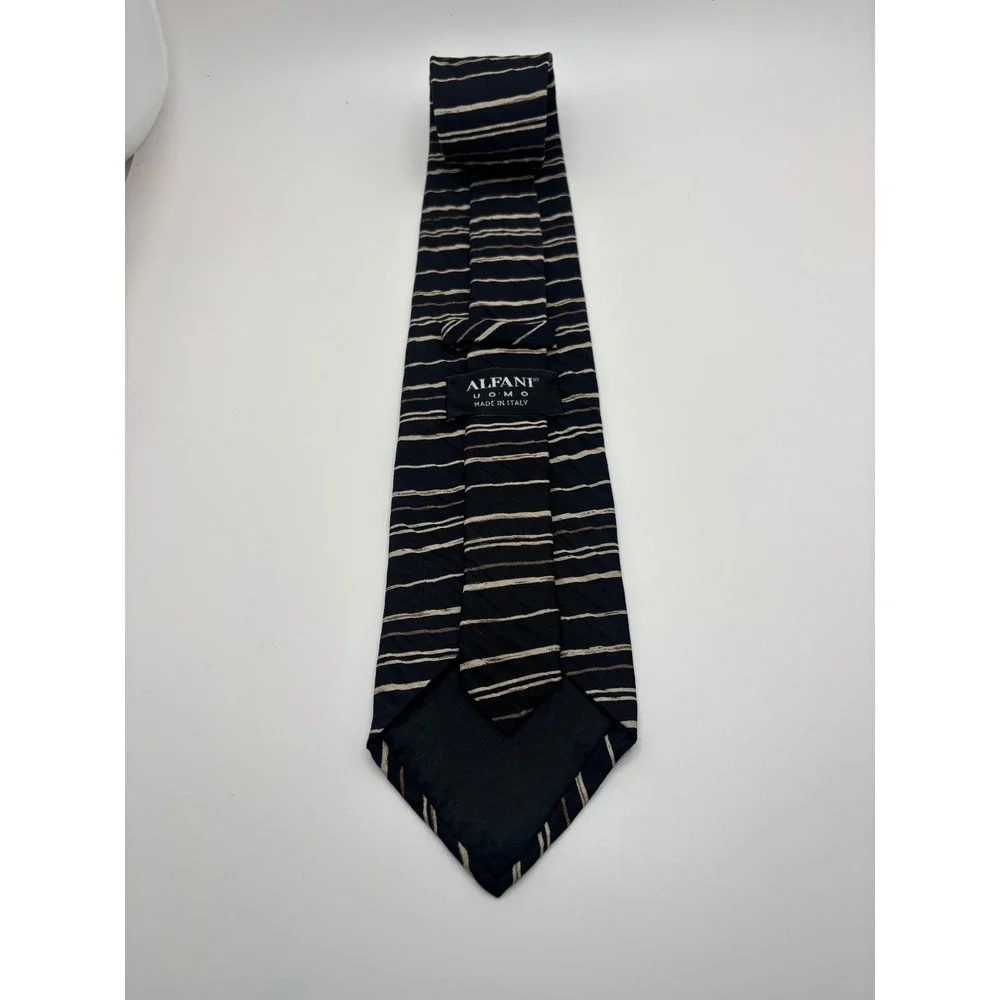 Alfani Uomo Mens Silk Necktie Black Tan Cream Horizontal Striped Made in Italy